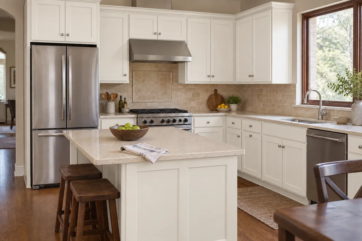 The same kitchen with the shaker doors and island painted warm white and new nickel knobs