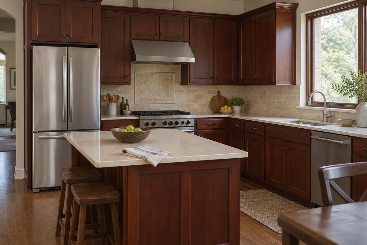Kitchen with dark cherry stained shaker cabinets and a cherry island