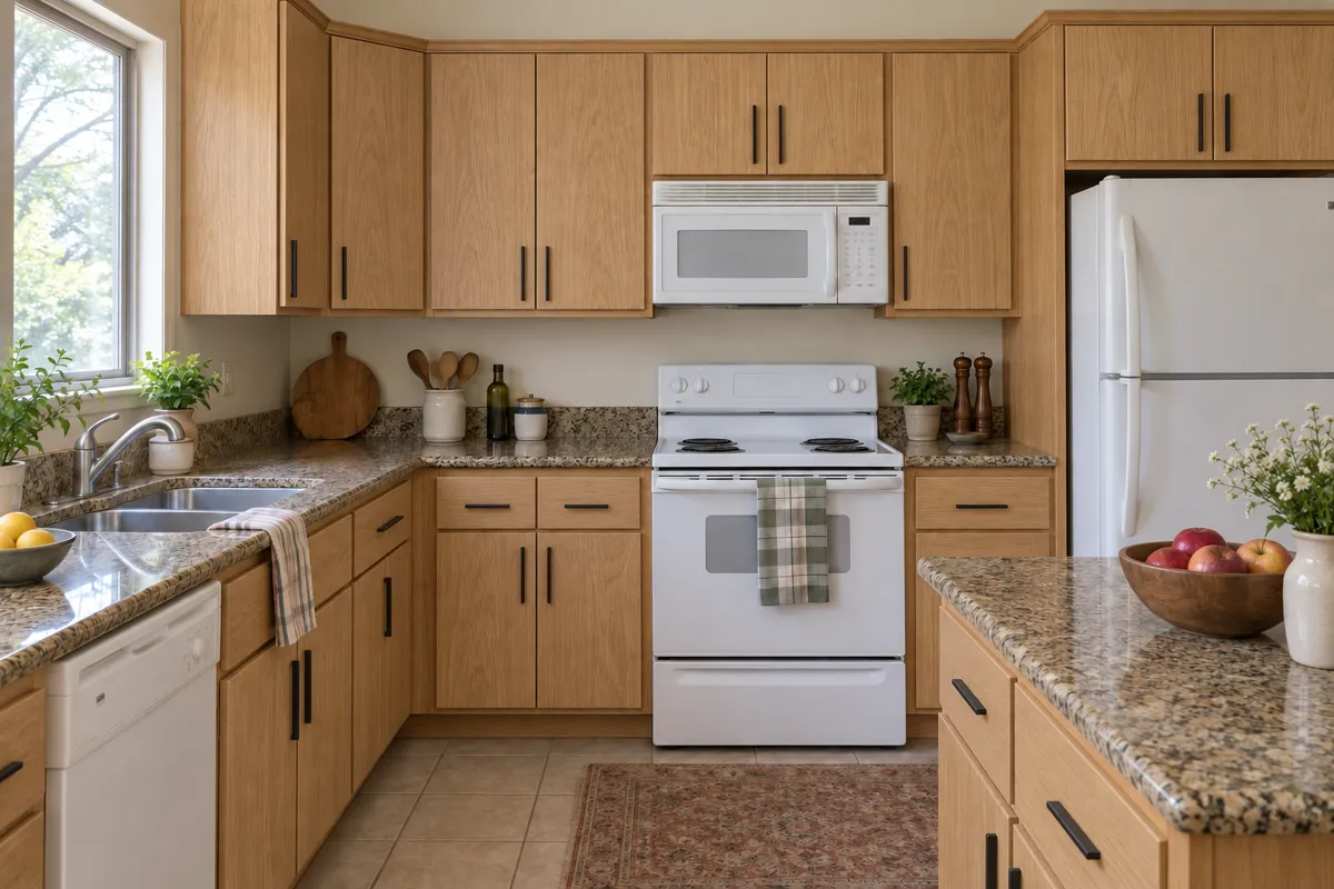The same kitchen after refacing: flat-panel light oak doors and drawer fronts with slim black pulls