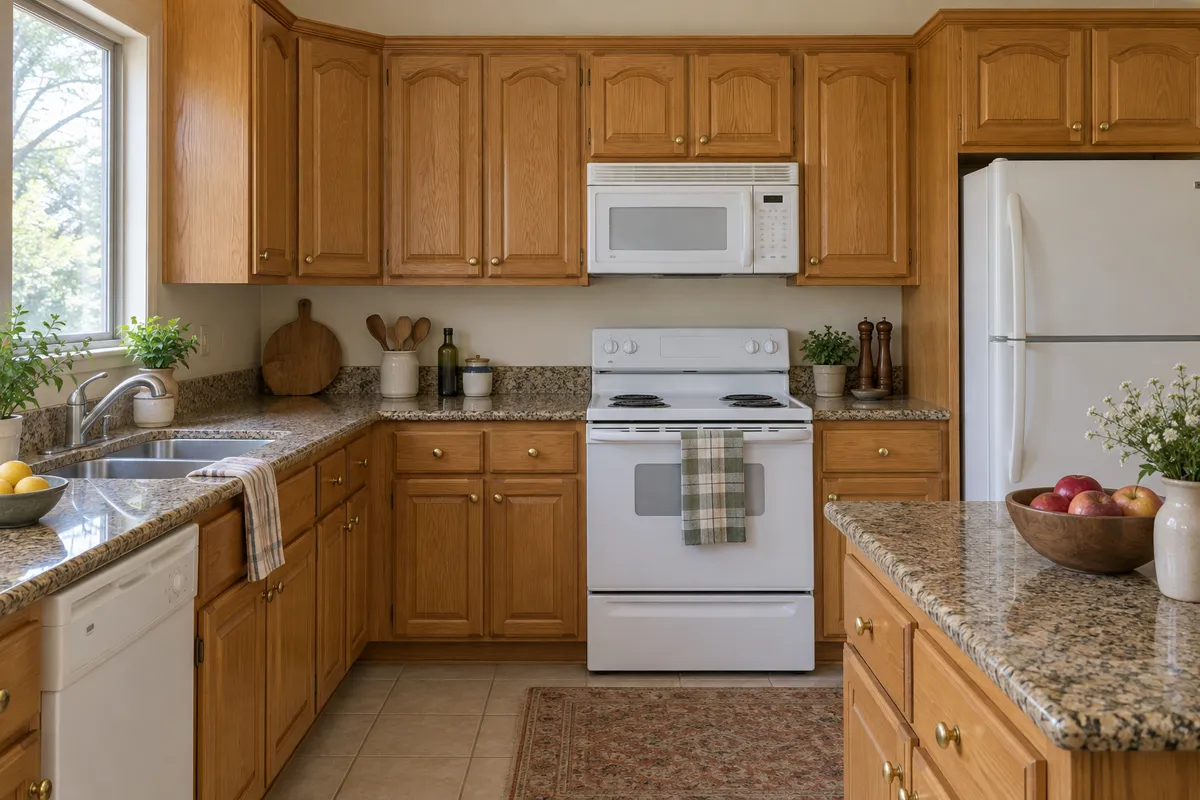 1990s kitchen with honey oak raised-panel cabinet doors, brass knobs and speckled granite counters