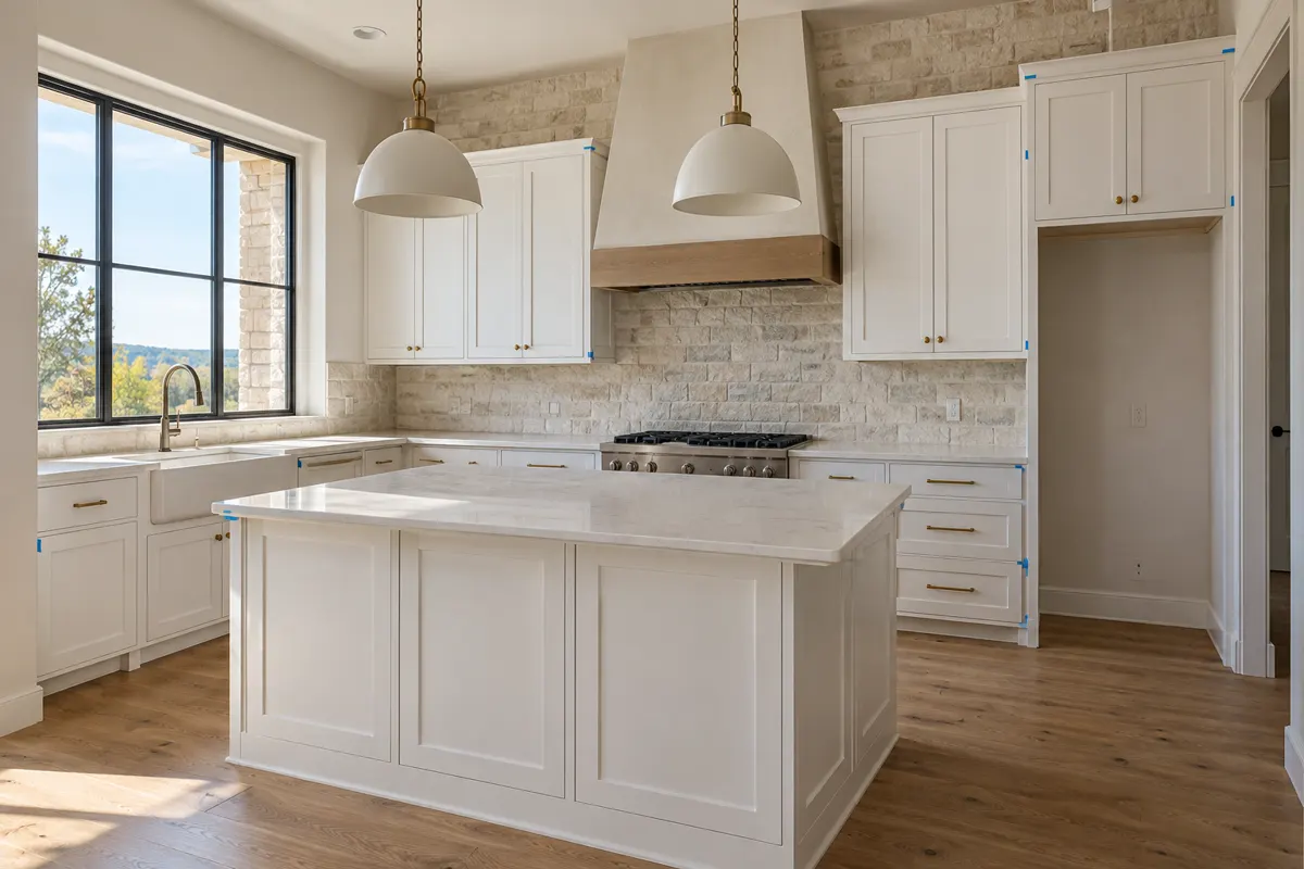 Newly finished kitchen in a new home with white shaker cabinets, an island and a plaster range hood