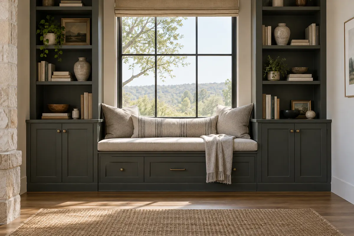 Built-in bookcases in charcoal paint flanking a window, with a cushioned window seat between them