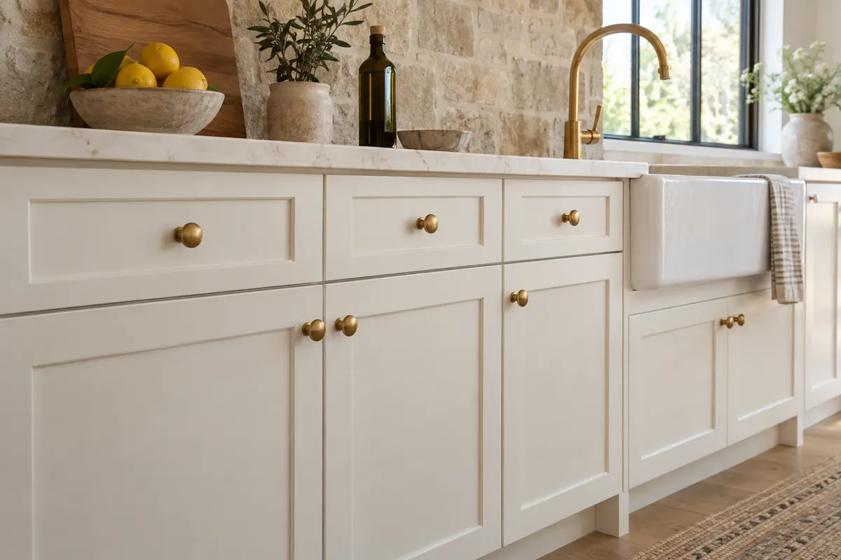 Warm white shaker cabinet doors and drawer fronts with brushed brass knobs beside a farmhouse sink