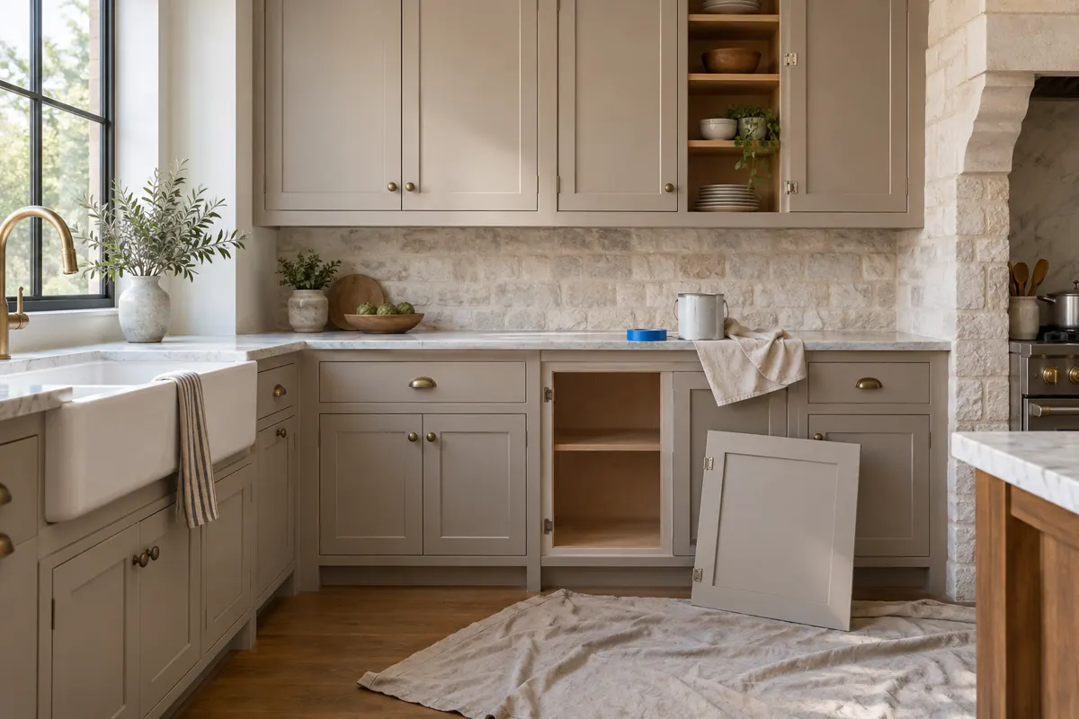 Kitchen cabinets freshly painted a warm greige, with one door off and resting on a drop cloth