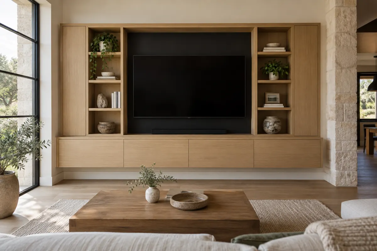 Media wall of white oak cabinetry with a recessed television, open shelves and a floating lower console