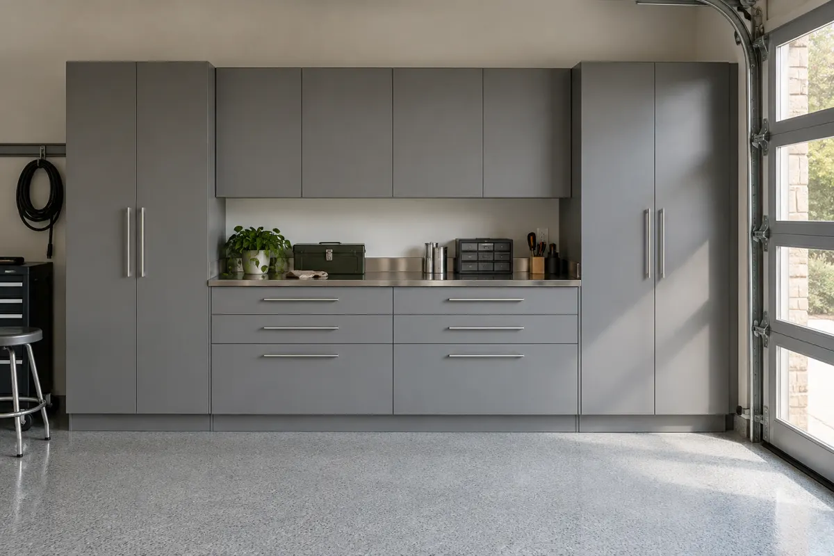 Garage wall of grey slab-door cabinets and tall storage lockers above a speckled epoxy floor