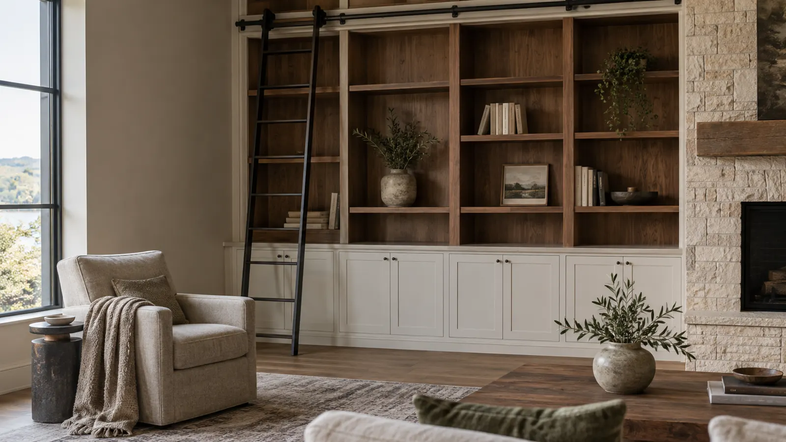 Living room wall of built-in cabinets, white shaker doors below and walnut open shelving above, with a black library ladder and a limestone fireplace