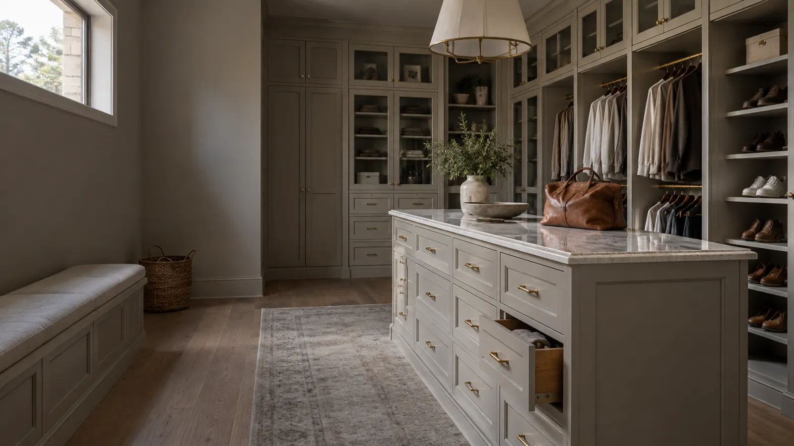 Walk-in closet with greige painted cabinetry, glass-front upper doors, hanging sections and a center island of drawers with brass pulls