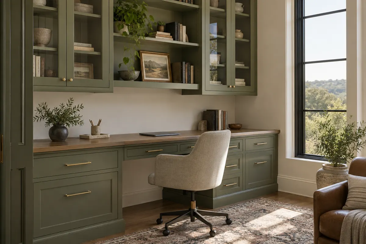 Home office with olive green built-in desk cabinetry, file drawers and glass-front upper cabinets