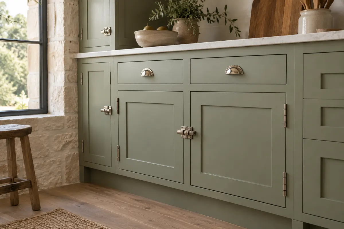 Sage green inset cabinet doors and drawers set flush in a painted face frame, with exposed hinges and latches