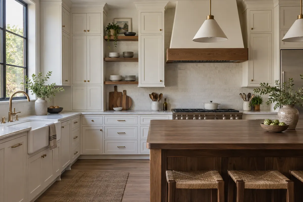 Kitchen with white shaker cabinets to the ceiling, walnut open shelves and a walnut-topped island