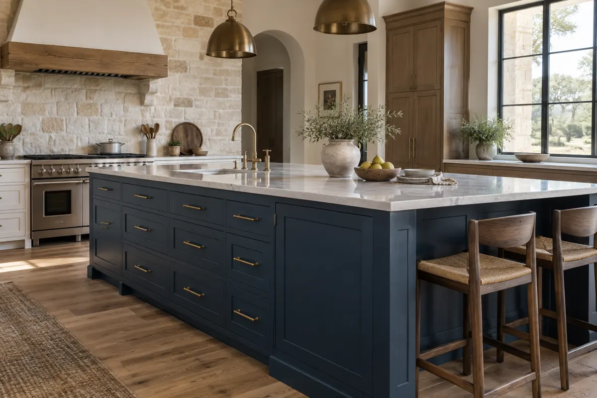 Large navy blue painted kitchen island with drawer stacks and counter stools, pale stone top