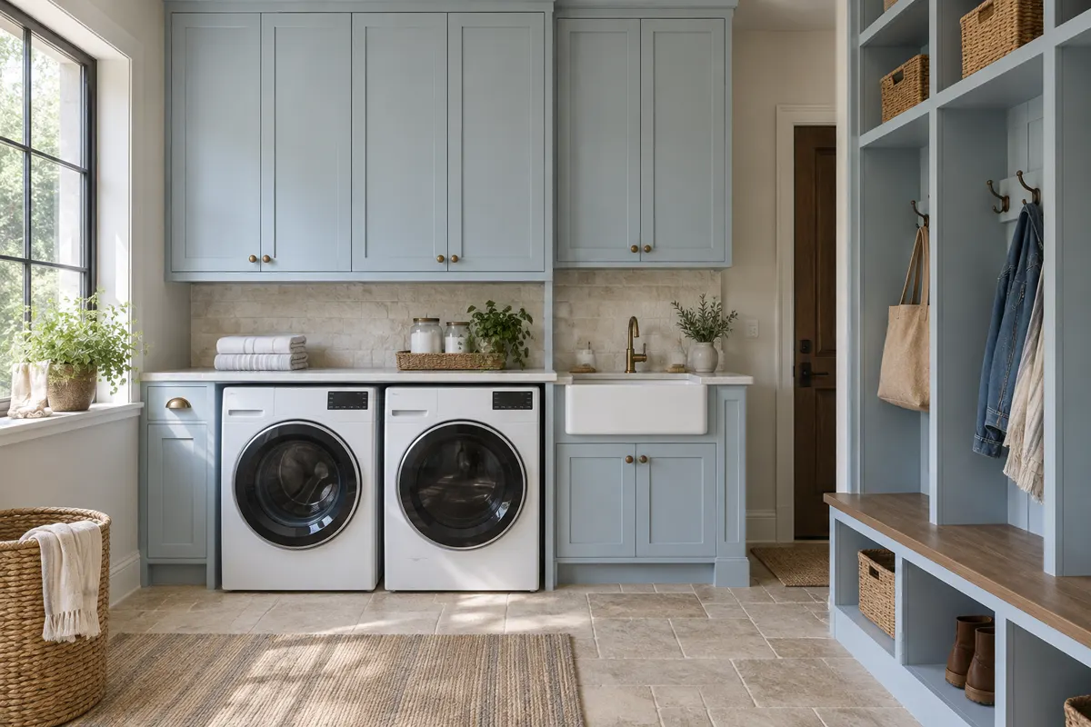 Laundry room with light blue cabinets over a washer and dryer, next to a mudroom bench with cubbies and hooks