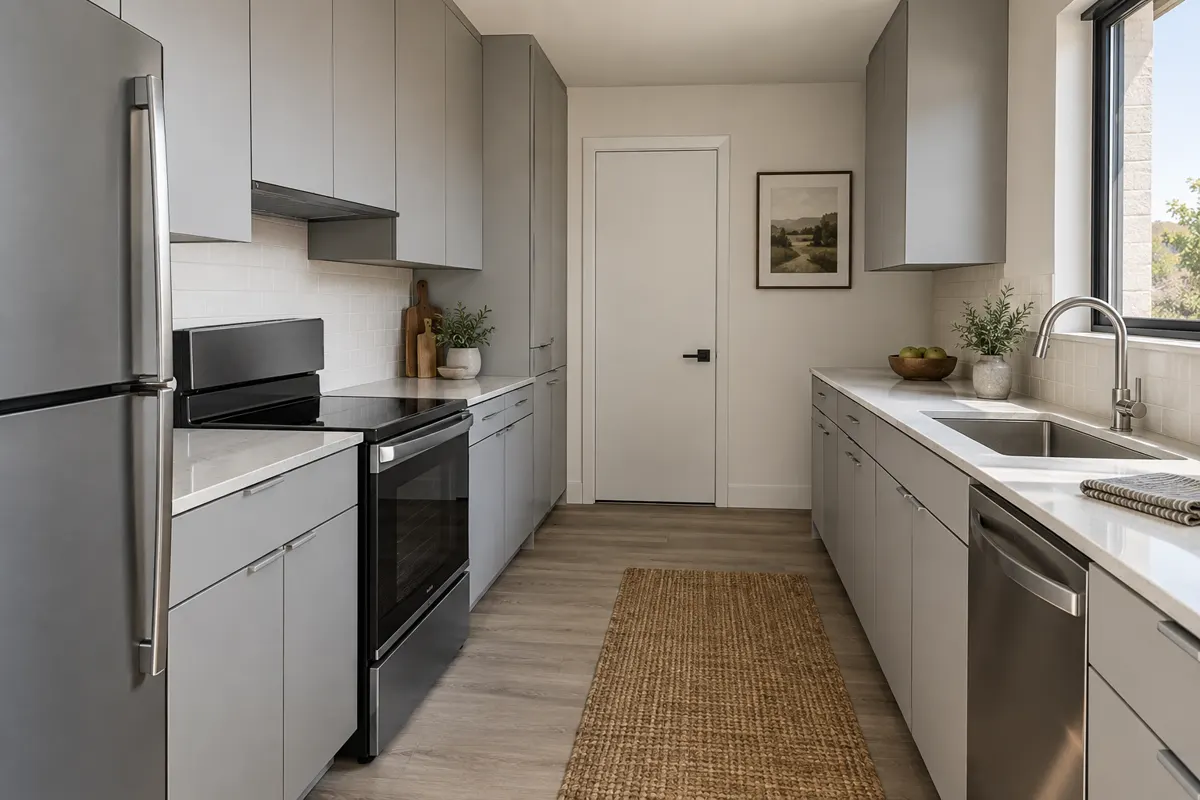 Apartment galley kitchen with matching light grey slab-door cabinets and stainless appliances
