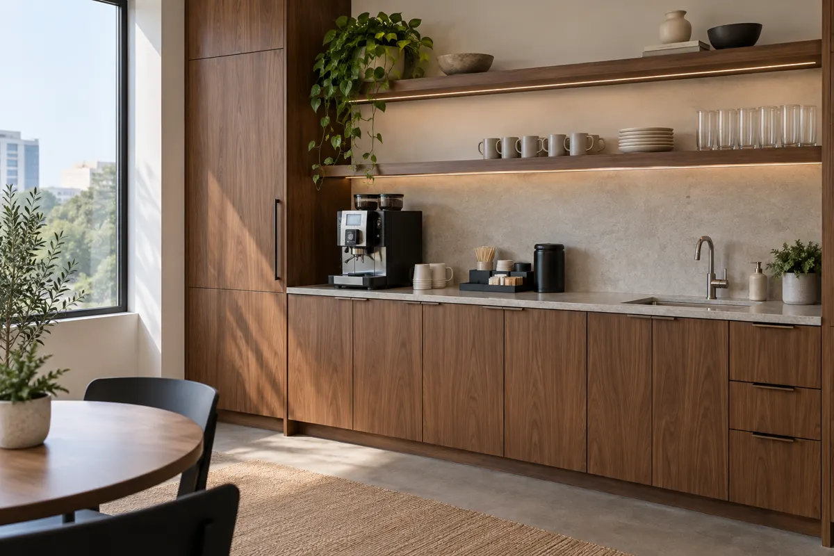 Office breakroom with walnut millwork cabinets, a coffee counter and floating open shelves