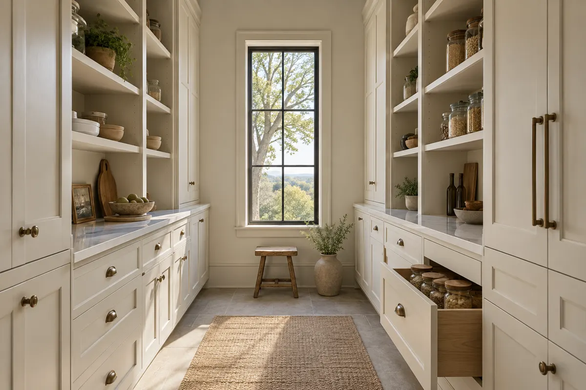 Walk-in pantry lined with white cabinets and open shelves, one pull-out drawer open to show stored jars