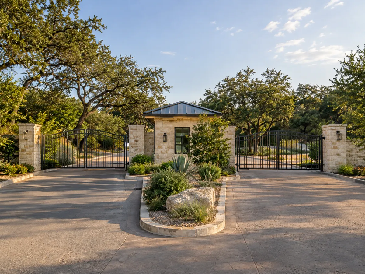 Gated community entrance with a small stone gatehouse, iron gates on the entry and exit lanes, and a landscaped median