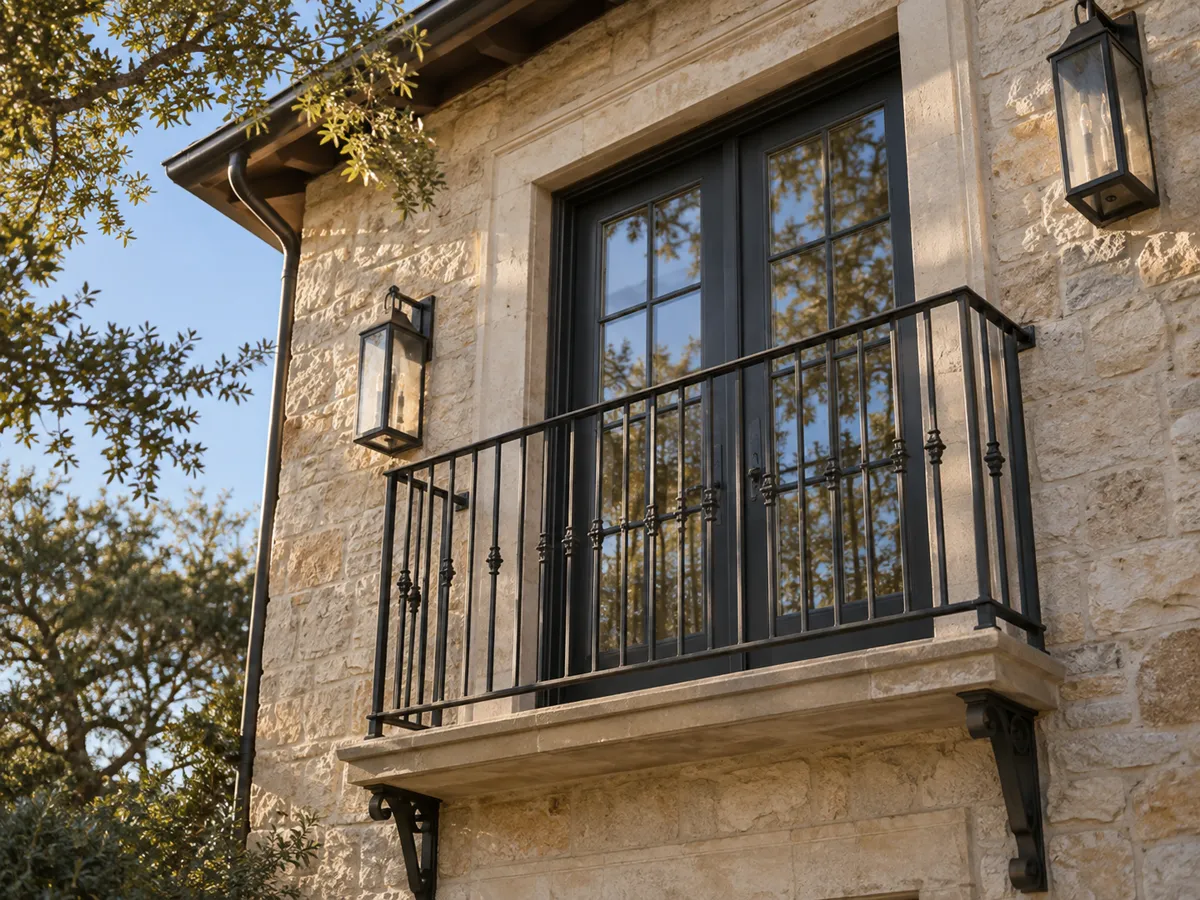 Juliet balcony with a black iron railing on stone brackets in front of French doors on a limestone facade