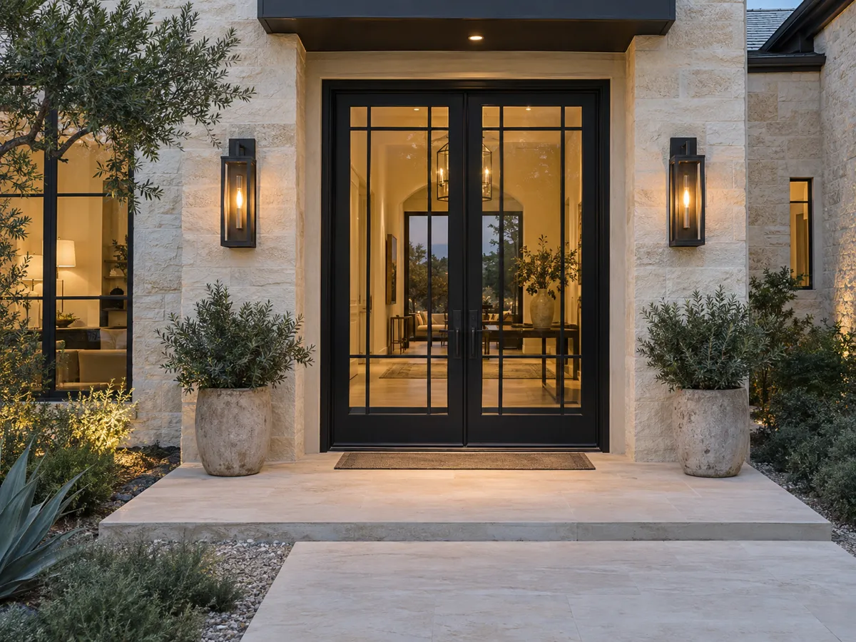 Pair of black iron entry doors with tall glass panels in a grid pattern, lit from inside, in a limestone entry between lanterns and planters