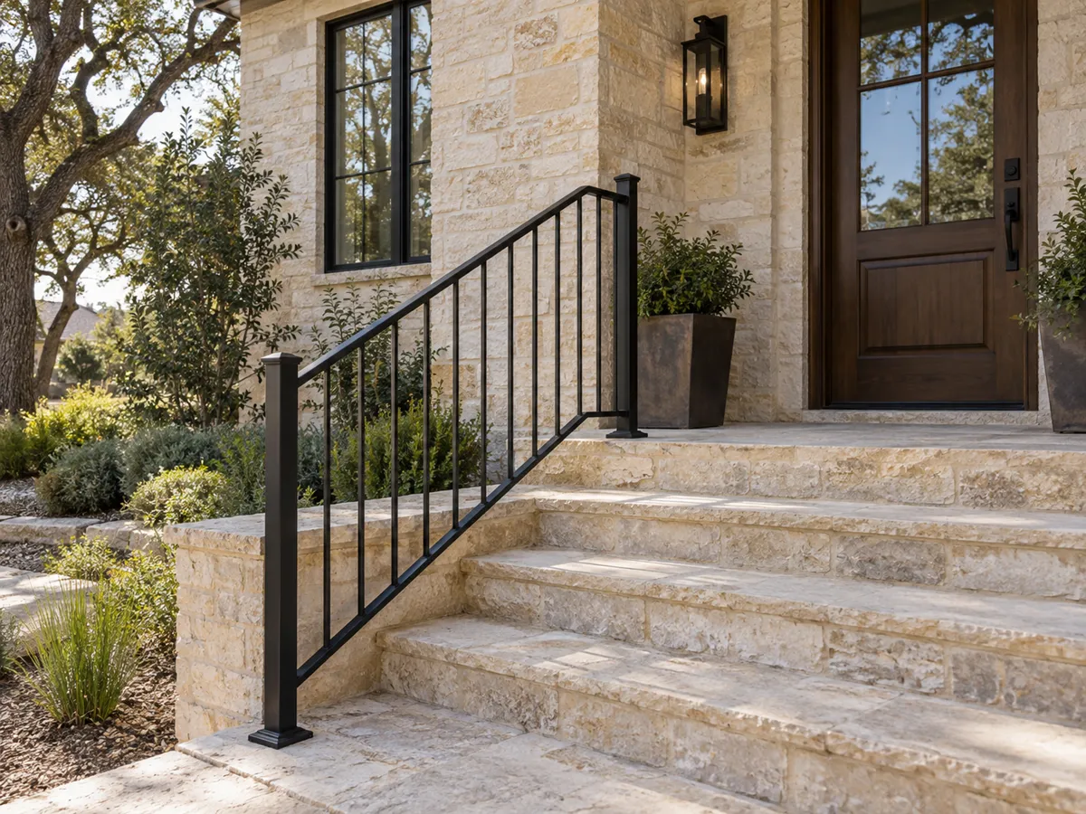 Limestone front steps with a black iron handrail and slim balusters leading up to a wood front door