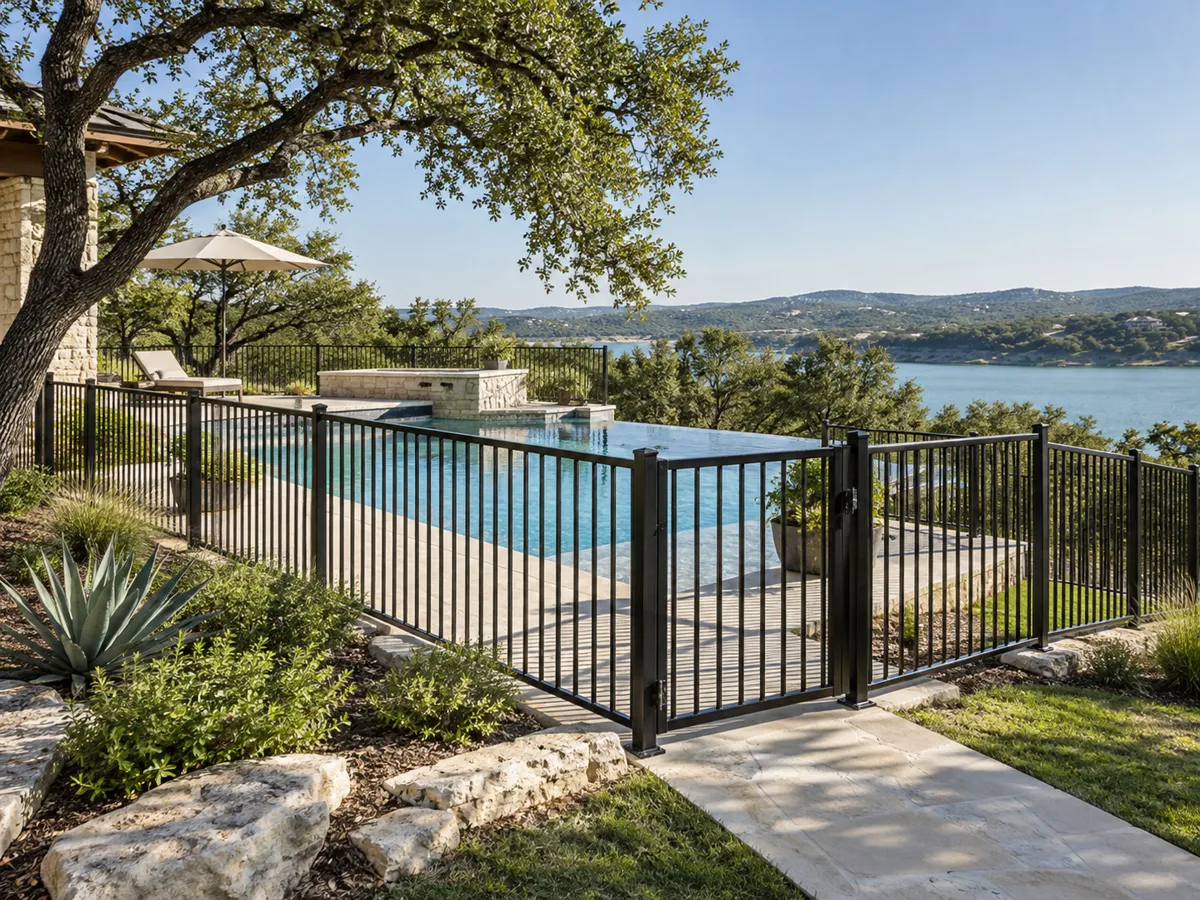 Black aluminum pool fence and self-closing gate around an infinity-edge pool overlooking a lake