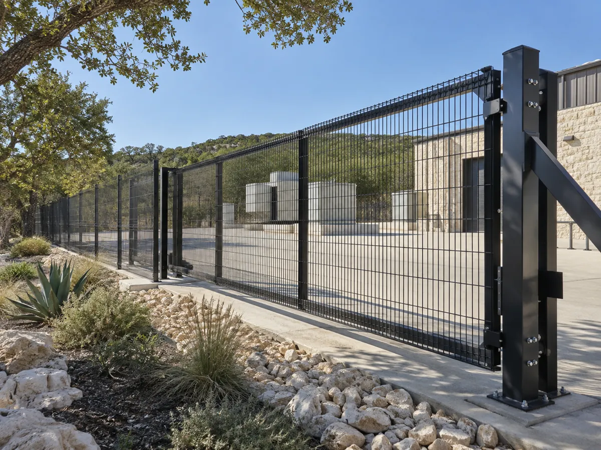 Black welded mesh security fence and gate panels on steel posts along a gravel yard beside a commercial building