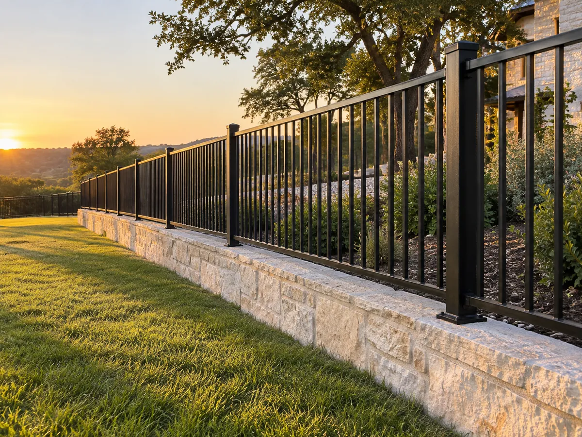 Long run of black flat-top ornamental iron fencing on a limestone curb beside a lawn at sunset