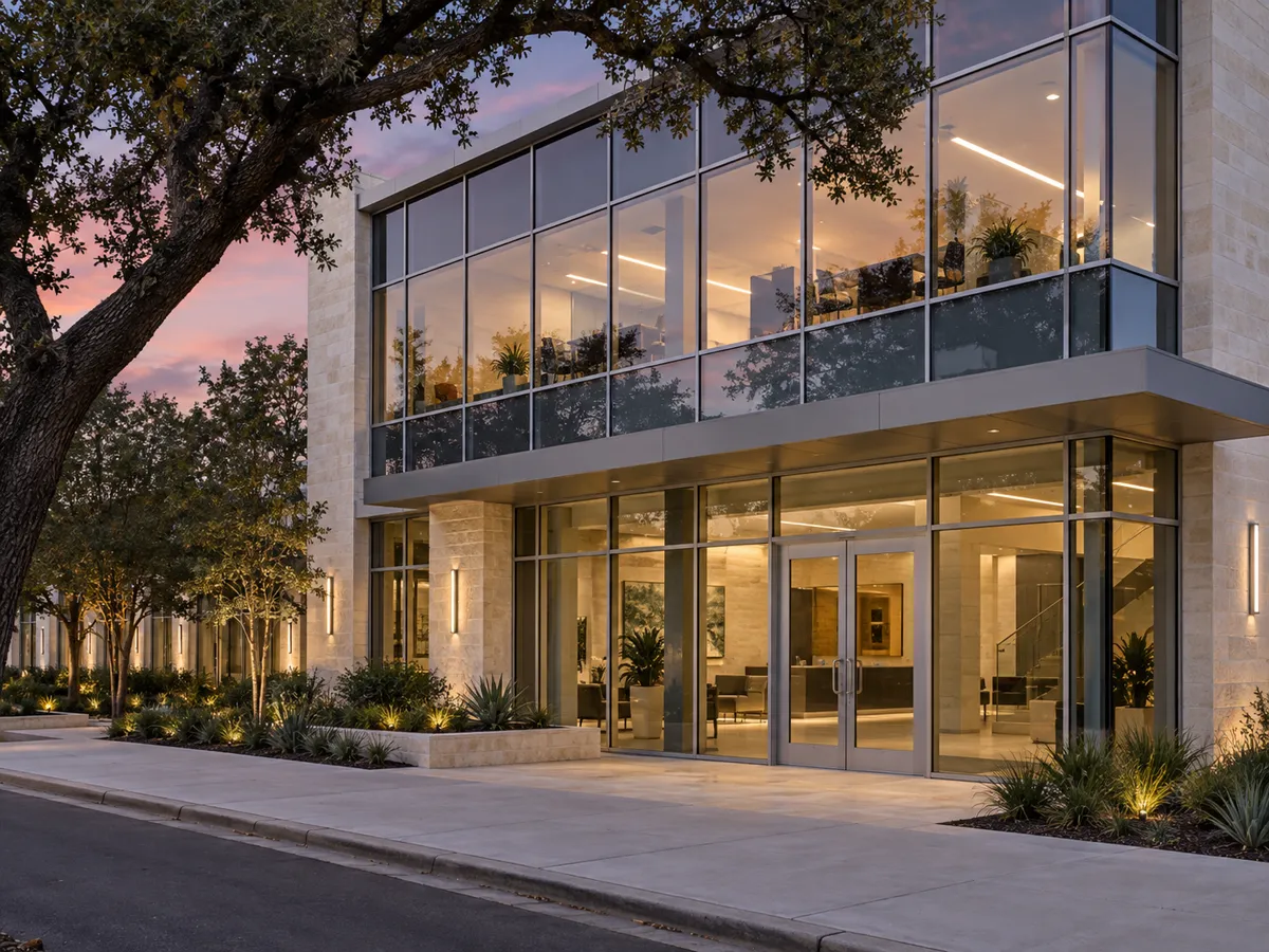 A two-storey commercial building with a glass curtain wall and aluminum storefront entrance at dusk