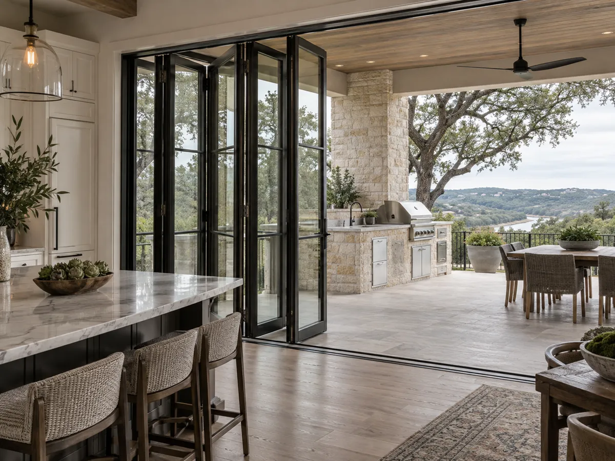 A bi-fold glass door wall folded open between a kitchen and a covered outdoor kitchen