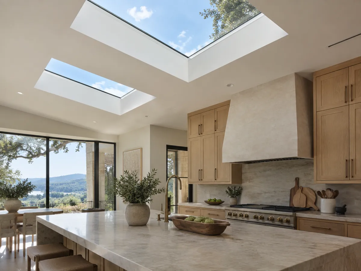 Two flat-glass skylights lighting a kitchen with a stone island